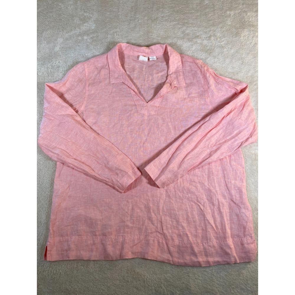 C&C California Women's Size 1X 100% Linen Pullover V-Neck Top Pink Collared